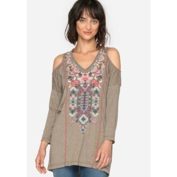 Johnny Was‎ Nindi Gray Multicolor Boho Embroidered Cold Shoulder Top Size 1X - Picture 1 of 13